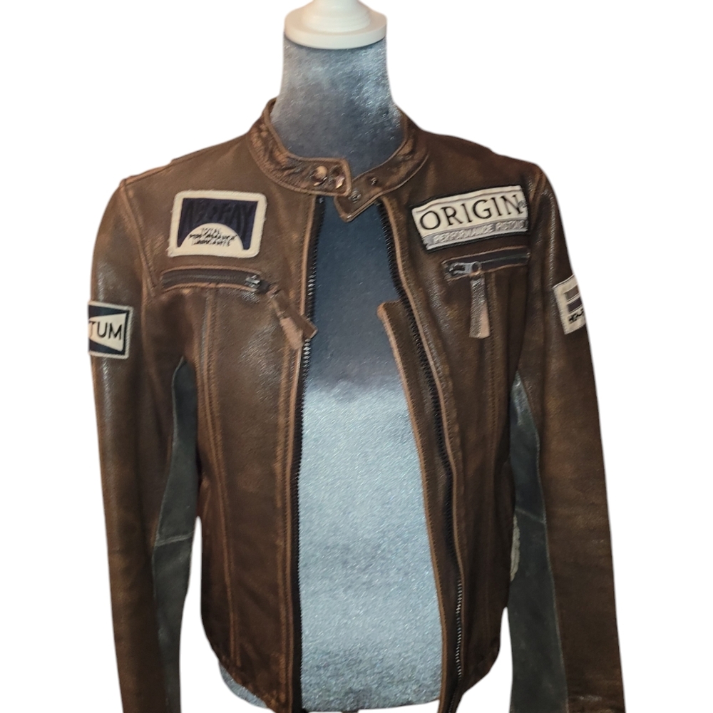 women's K- Yen  brown distressed leather motocross jacket sz med